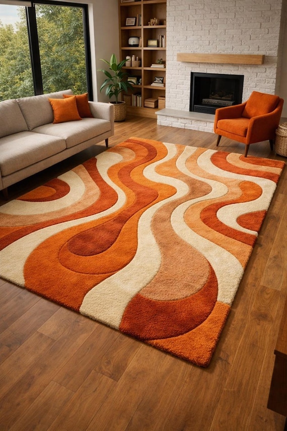 70s Retro Wavy Wool Area Rug: Burnt Orange, Terracotta Mid-Century Modern Carpet