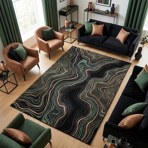 Abstract Modern Area Rug Topographical Wavy Lines Green Black Copper Hand Tufted Wool 3D Textured Luxury Carpet Custom Size 8x10 9x12
