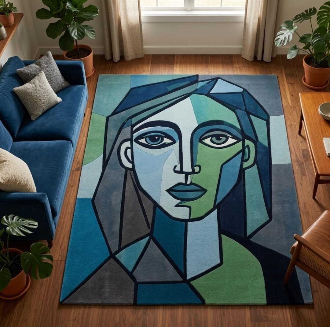 Abstract Portrait Area Rug Cubist Face Wool Carpet Handtufted Modern ...