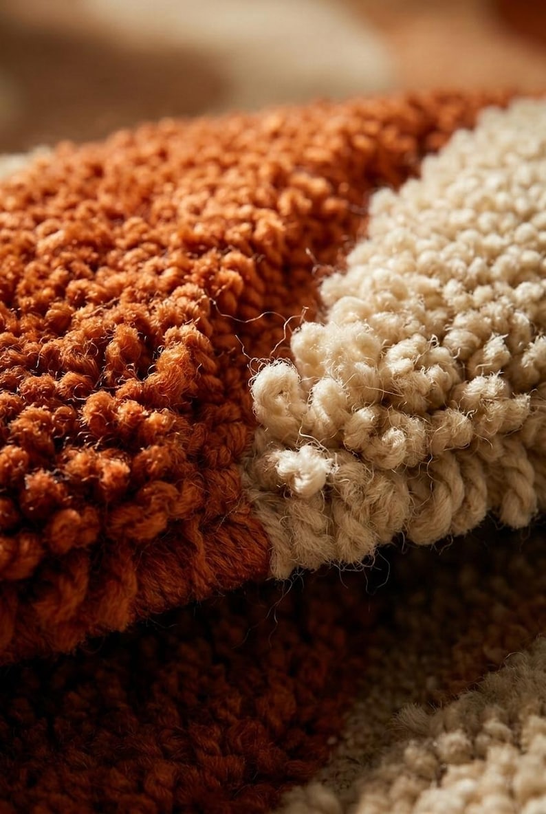 May include: Close-up of a textured rug with a color block design. The rug features a combination of warm orange and cream-colored sections. The looped pile creates a soft, inviting texture, suggesting comfort and warmth. The rug's design is simple yet visually appealing.