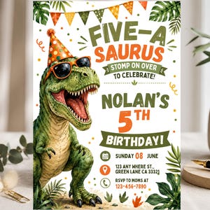 Five A Saurus Dinosaur Birthday Invitation, Editable Canva Party Invite, T Rex 5th Birthday Template, Jungle Dino Kids Invite