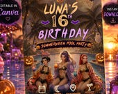 Kpop Demon Hunters Summerween Pool Party Invitation, Spooky Teen Birthday Invite, Editable Tropical Halloween Canva Template
