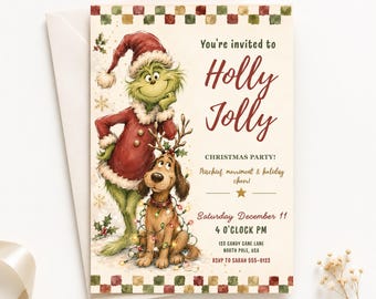 Invito modificabile per la festa di Natale, con il Grinch Mostro e il cane in stile natalizio, modello in tela ad acquerello.