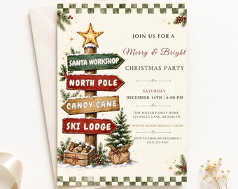 Invito modificabile per la festa di Natale, cartello rustico del Polo Nord, modello Canva "Allegro e Luminoso".