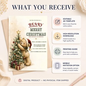 Vintage-inspired Christmas party invite template with a cute teddy bear, festive tree, wrapped presents, and warm neutral colors.