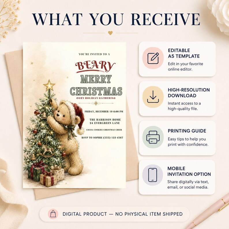 Vintage-inspired Christmas party invite template with a cute teddy bear, festive tree, wrapped presents, and warm neutral colors.