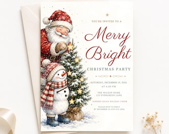 Modello di invito per festa di Natale modificabile, invito natalizio con Babbo Natale, invito di Natale allegro e luminoso, modello Canva, download immediato.
