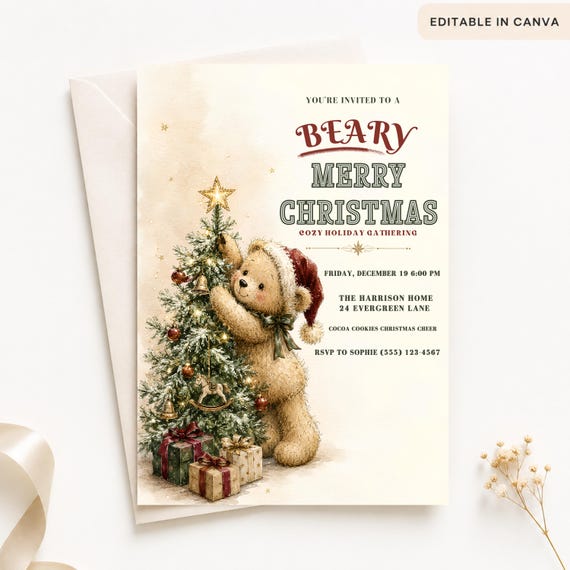 Christmas Bear Invitation, Editable Canva Template, Cozy Holiday Party Invite, Printable Christmas Dinner Invitation, Teddy Bear Christmas