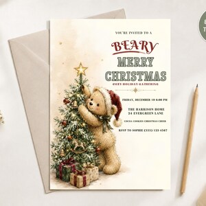 Printable Christmas bear invitation for a cozy holiday gathering, featuring ornaments, gifts, Christmas tree, and Santa hat bear.