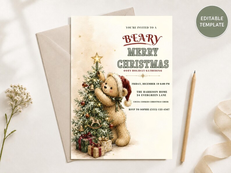 Printable Christmas bear invitation for a cozy holiday gathering, featuring ornaments, gifts, Christmas tree, and Santa hat bear.