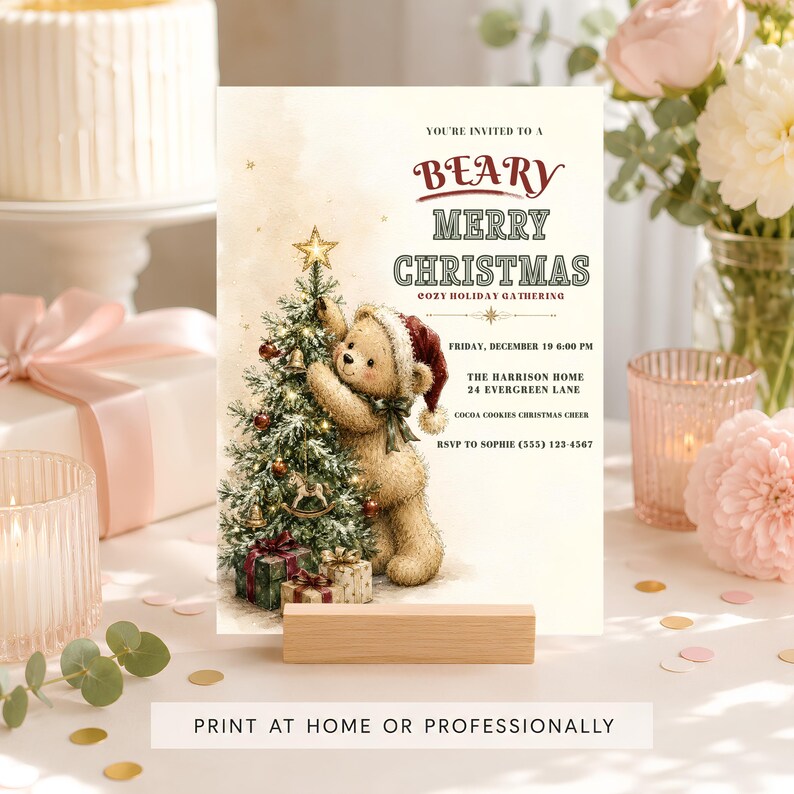 Christmas party invitation template with teddy bear, Christmas tree, presents, vintage red and green typography, and warm cream background.