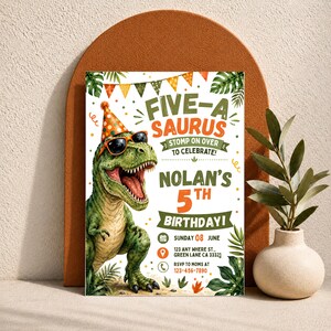 Invitación de cumpleaños de dinosaurio T-Rex para cinco años, plantilla editable para fiesta de 5º cumpleaños (descarga digital)