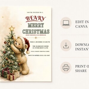 Cozy editable Christmas bear invitation featuring a teddy bear in a Santa hat beside a decorated Christmas tree and wrapped gifts.