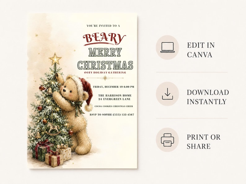 Cozy editable Christmas bear invitation featuring a teddy bear in a Santa hat beside a decorated Christmas tree and wrapped gifts.
