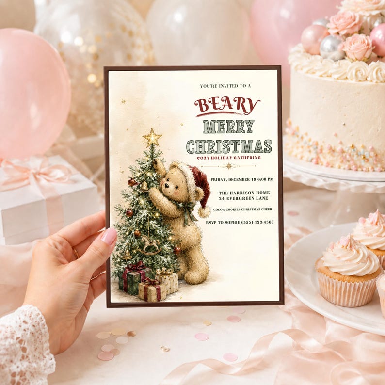 Editable teddy bear Christmas dinner invitation displayed with a neutral envelope, pencil, and elegant holiday styling.