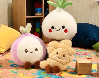 Peluche de cebolla, ajo y jengibre / Decoración de escritorio con forma de verdura kawaii (20-22 cm)