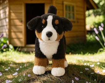 Realistic Bernese Mountain Dog Plush Toy | Soft Cuddly Stuffed Puppy (9.8 Inch)