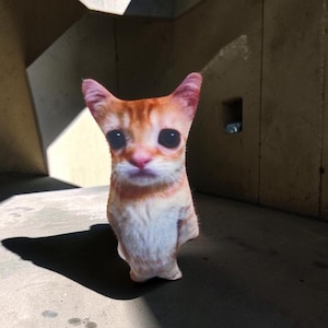 Può includere: Un peluche a forma di gatto in piedi con pelo arancione e bianco. Il gatto ha grandi occhi scuri e rotondi, un naso rosa e un'espressione facciale seria. Il giocattolo presenta una stampa fotografica realistica di un muso felino.