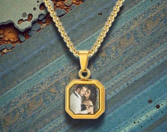 Collar con colgante de foto personalizado / Recuerdo cuadrado de acero inoxidable