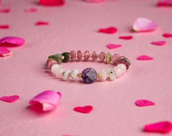 Pulsera de cuarzo rosa con amatista y piedra lunar / Pulsera de turmalina colorida / Joyería de piedras preciosas naturales / Hecho a mano con certificación