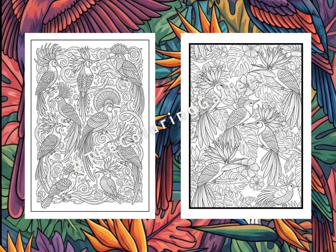 10 Exotic Birds Coloring Pages for Adults, Intricate Tropical Birds of ...