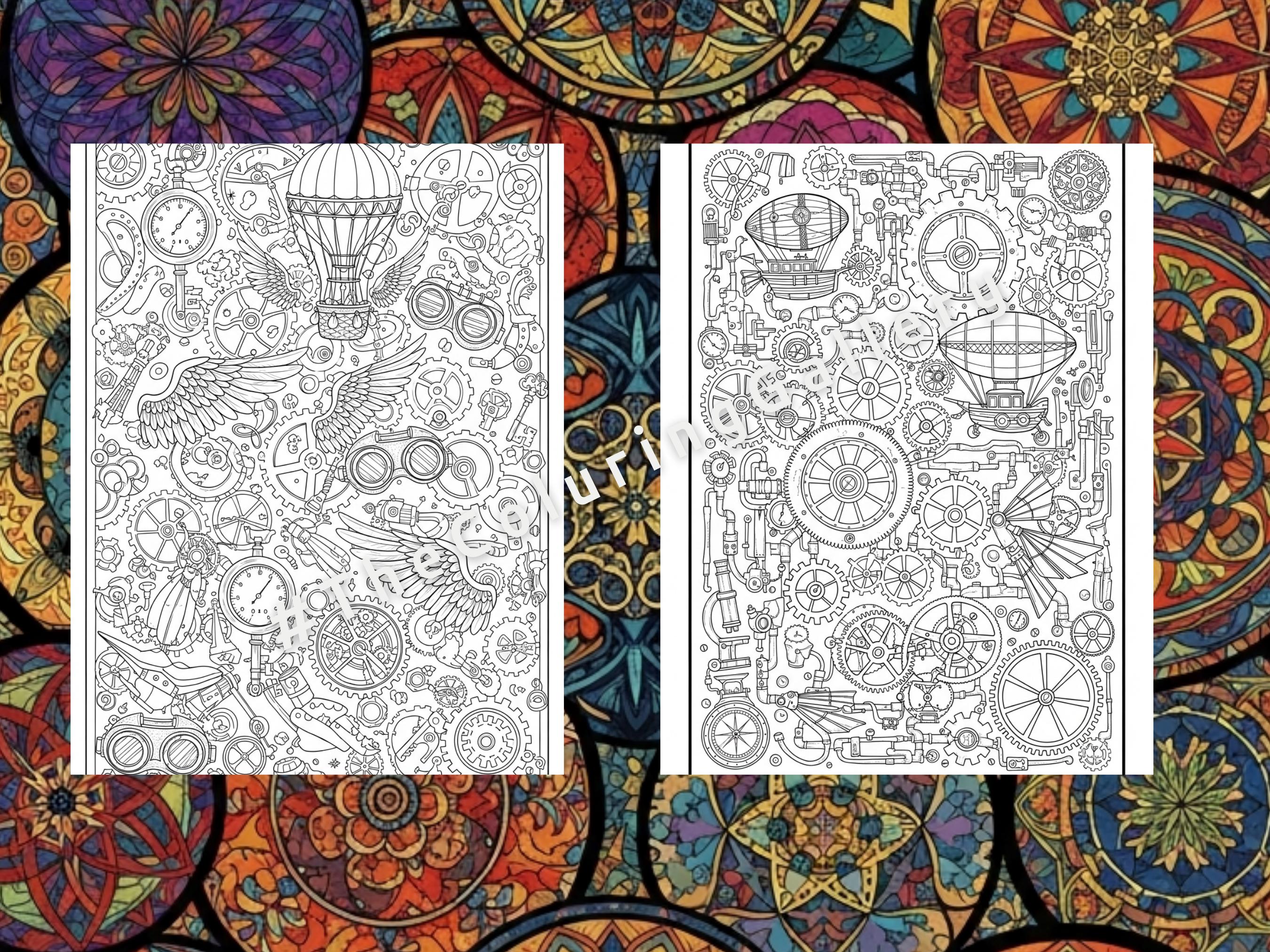 10 Steampunk Wonders Coloring Pages for Adults, Intricate Clockwork ...