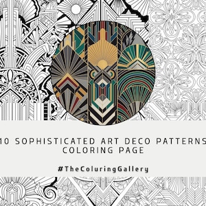 Può includere: Una pagina da colorare digitale con dieci motivi Art Déco. L'immagine include un design circolare con forme geometriche in oro, verde acqua e grigio. Il testo recita "10 Sophisticated Art Deco Patterns Coloring Page."