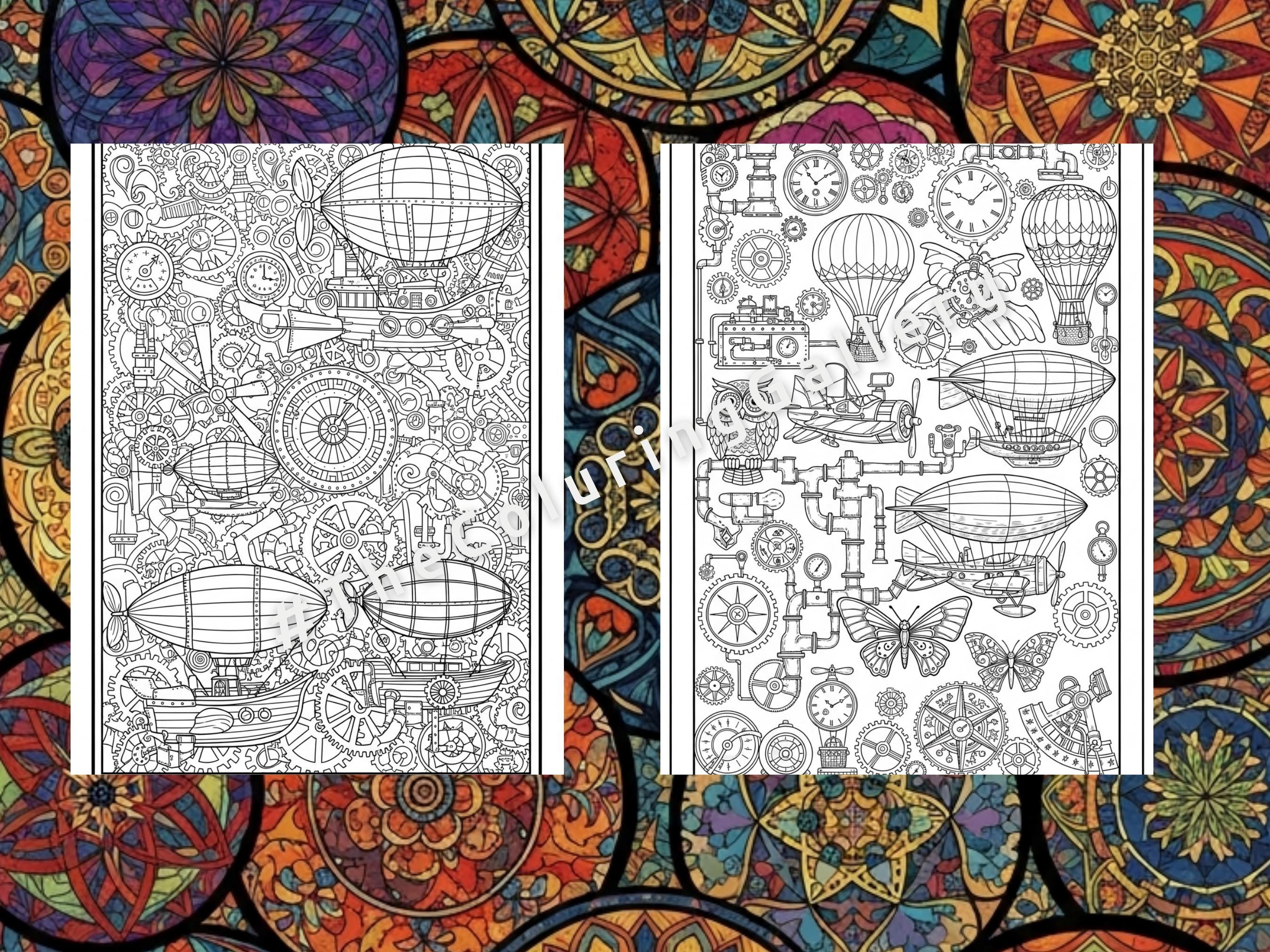 10 Steampunk Wonders Coloring Pages for Adults, Intricate Clockwork ...