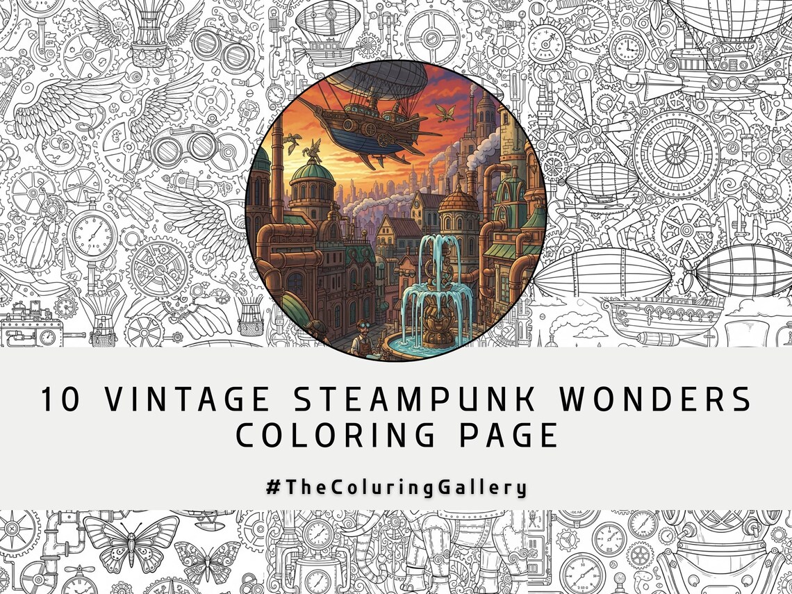 10 Steampunk Wonders Coloring Pages for Adults, Intricate Clockwork ...