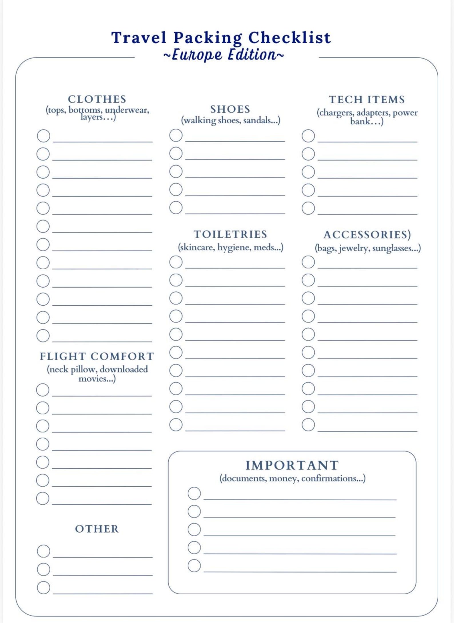 International Travel Packing Checklist – Europe Edition | Printable
