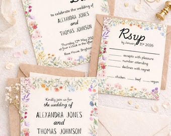 May include: Wedding invitation suite featuring floral designs. The suite includes "Save the Date" and RSVP cards, along with envelopes. The text on the cards announces the wedding of Alexandra Jones and Thomas Johnson, scheduled for May 12th, 2026.