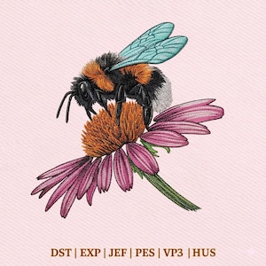 Bumble Bee Echinacea , Purple Flower Bee Pattern, Wildflower Botanical Embroidery Design, Instant Download Dst Pe