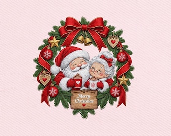 May include: A Christmas wreath illustration featuring Santa Claus and Mrs. Claus holding mugs of hot cocoa. The wreath is decorated with a large red bow, gold bells, red ornaments, stars, and heart-shaped ornaments. A wooden sign reads Merry Christmas.