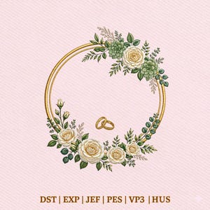 May include: A gold double-ring frame with white roses, green succulents, and foliage on a pink background. Two gold wedding rings are inside the frame. The bottom of the image has the text: DST | EXP | JEF | PES | VP3 | HUS.