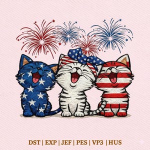May include: An embroidered design featuring three smiling cartoon cats with patriotic patterns. One cat is blue with white stars, another is white with a red, white, and blue headband, and the third is red and white striped. Fireworks are in the background.