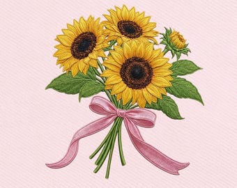 May include: A bouquet of sunflowers with yellow petals and dark brown centers, tied with a pink ribbon. Green leaves and stems are visible. The background is a light pink color. Text at the bottom reads: DST | EXP | JEF | PES | VP3 | HUS.