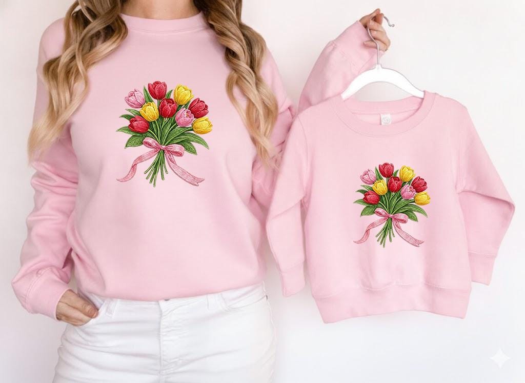 Tulip Flower Bouquet Pink Yellow Red With Ribbon Embroidery Design ...