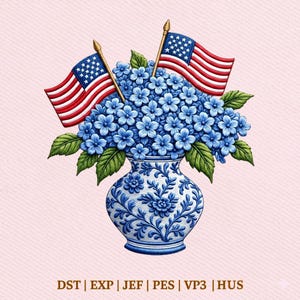 May include: A blue and white floral vase holds a bouquet of blue flowers and two American flags. The vase has a detailed floral pattern. The flags are red, white, and blue. Green leaves surround the flowers. The background is a light pink.