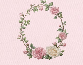 Pastel Rose Wreath Pink and Cream Roses Frame Embroidery Design, Instant Download Dst Pe