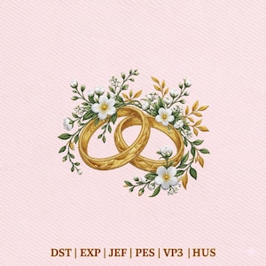 May include: Two interlocking gold rings with engraved leaf patterns, surrounded by a cluster of white flowers, green leaves, and golden sprigs. Below the rings, the text reads: DST | EXP | JEF | PES | VP3 | HUS.