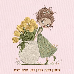 Leuk meisje met tulpenboeket lentebloem vintage borduurontwerp, instant download zomertijd