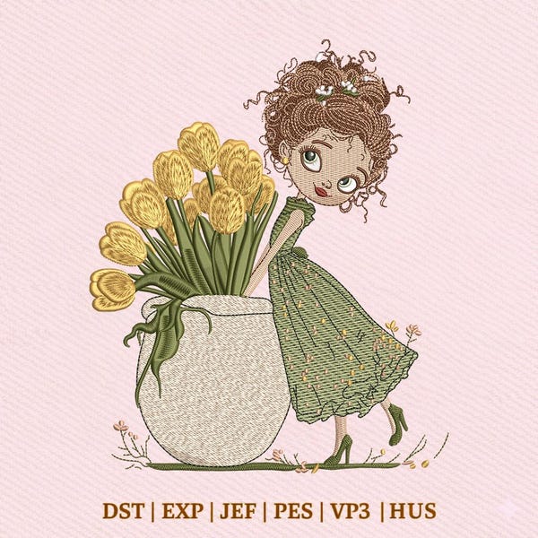 Cute Girl with Tulip Bouquet Spring Flower Vintage Embroidery Design, Instant Download Dst Pe