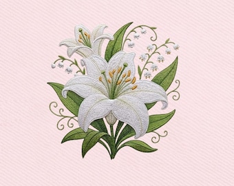 White Lily Bouquet,  Elegant Floral Arrangement Embroidery Design, Instant Download Dst Pe
