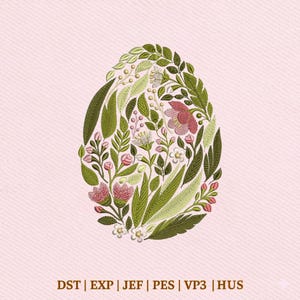 Könnte beinhalten: Ein gesticktes Eierdesign gefüllt mit grünen Blättern, rosa und weißen Blüten und kleinen rosa Knospen. Das Design befindet sich auf einem hellrosa Hintergrund. Der Text unten lautet: DST | EXP | JEF | PES | VP3 | HUS.