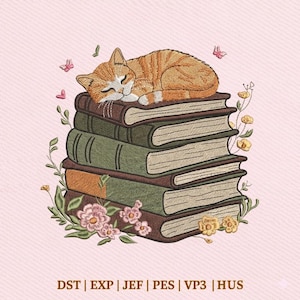 May include: An embroidered design featuring a sleeping orange tabby cat atop a stack of books. The books are green and brown, with floral accents and butterflies. The text at the bottom reads: DST | EXP | JEF | PES | VP3 | HUS.