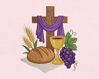 Communion Bread and Wine, Cross Grapes Chalice Christian Religious Embroidery Design, Instant Download Dst Pe