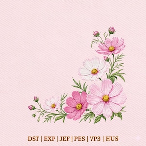 Pode incluir: Ilustração em aquarela de flores de cosmos em tons de rosa e branco com centros amarelos e folhas verdes. As flores são dispostas em um design de canto sobre um fundo rosa. Texto na parte inferior: DST | EXP | JEF | PES | VP3 | HUS.