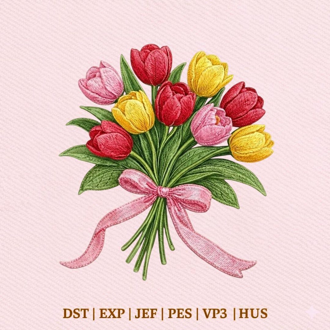 Tulip Flower Bouquet Pink Yellow Red With Ribbon Embroidery Design ...