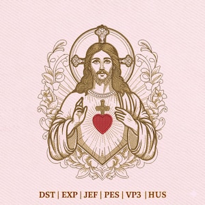 Könnte beinhalten: Ein gesticktes Design, das Jesus Christus mit Heiligenschein und rotem Herzen darstellt. Das Bild ist von floralen und ornamentalen Details umgeben, mit dem Text "DST | EXP | JEF | PES | VP3 | HUS" am unteren Rand.