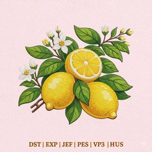 May include: Embroidered design of three yellow lemons, one sliced, with green leaves and white blossoms on a pink background. The image includes the text "DST | EXP | JEF | PES | VP3 | HUS".